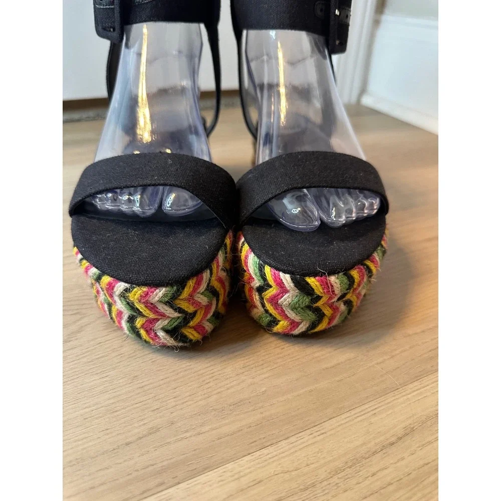 House of Harlow 1960 Black Multi Color Woven Espadrille Platform Sandals 8.5